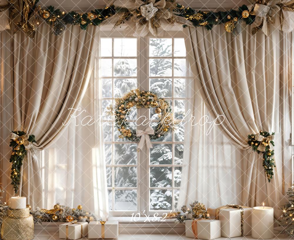 Kate Christmas Beige Curtain White Framed Window Backdrop Designed by Emetselch