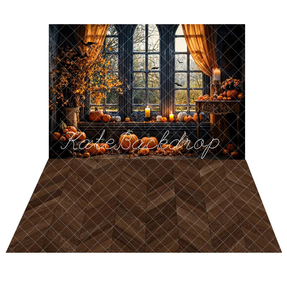 Kate Halloween Pumpkin Window Backdrop+ Herringbone Wood Floor Backdrop