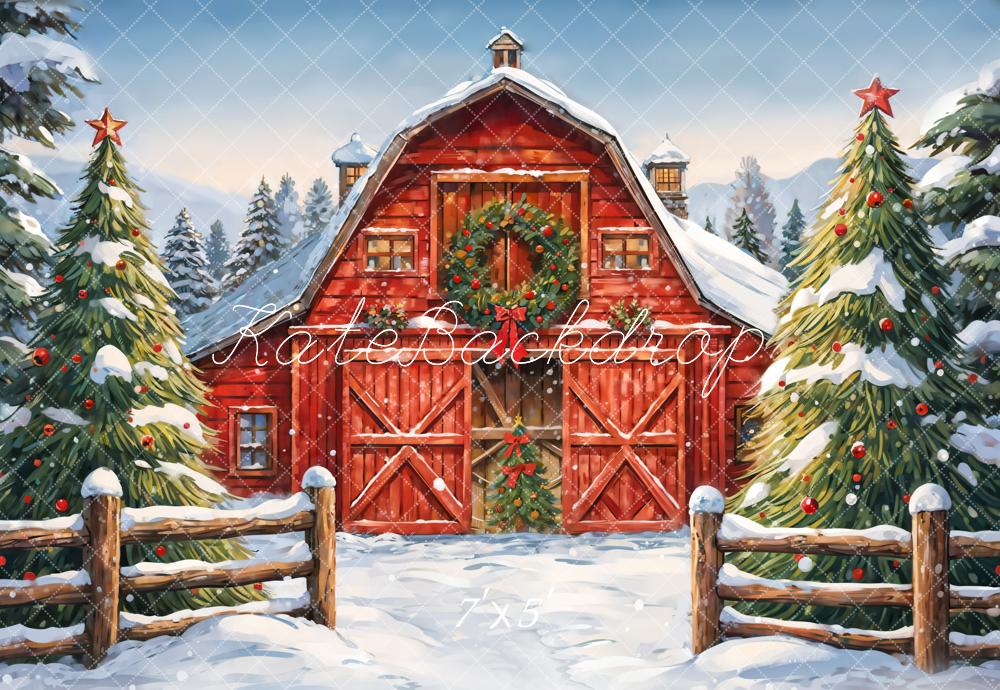 Kate Christmas Red House Backdrop Winter Outdoor Forest Designed by GQ