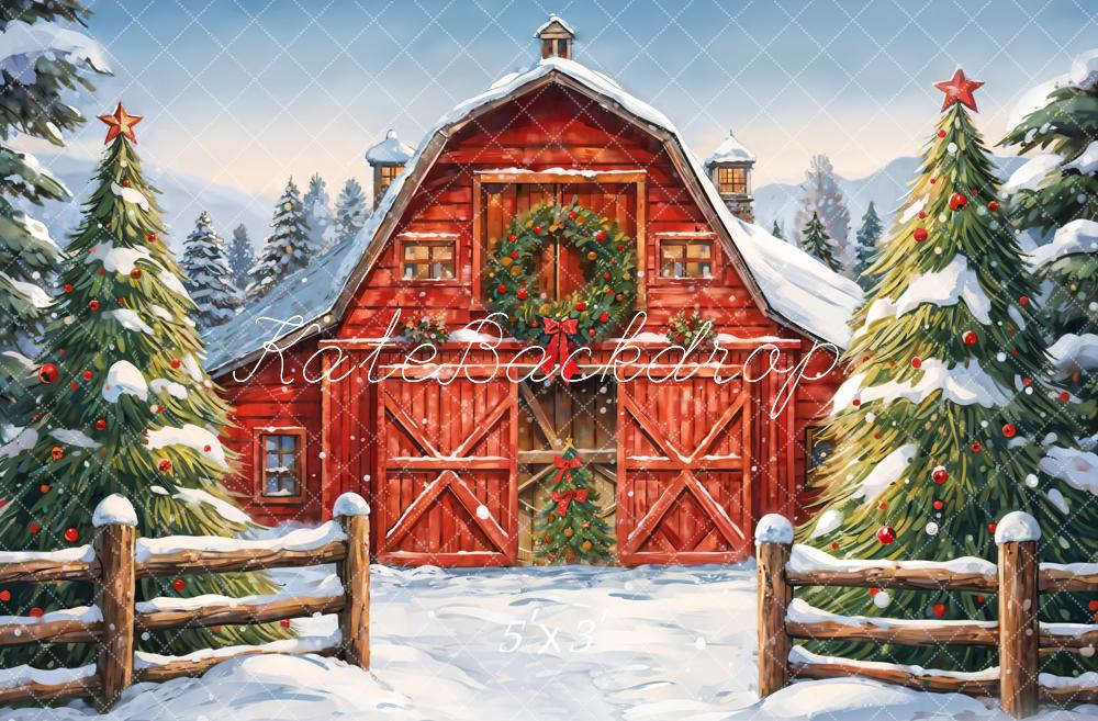 Kate Christmas Red House Backdrop Winter Outdoor Forest Designed by GQ