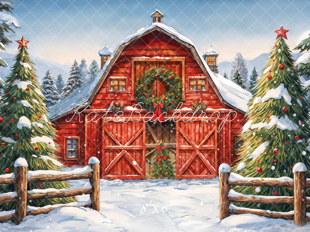 Kate Christmas Red House Backdrop Winter Outdoor Forest Designed by GQ