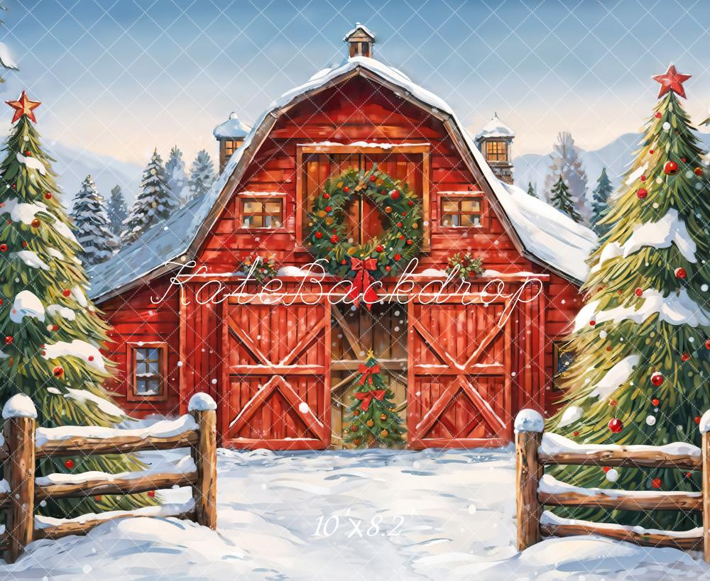 Kate Christmas Red House Backdrop Winter Outdoor Forest Designed by GQ