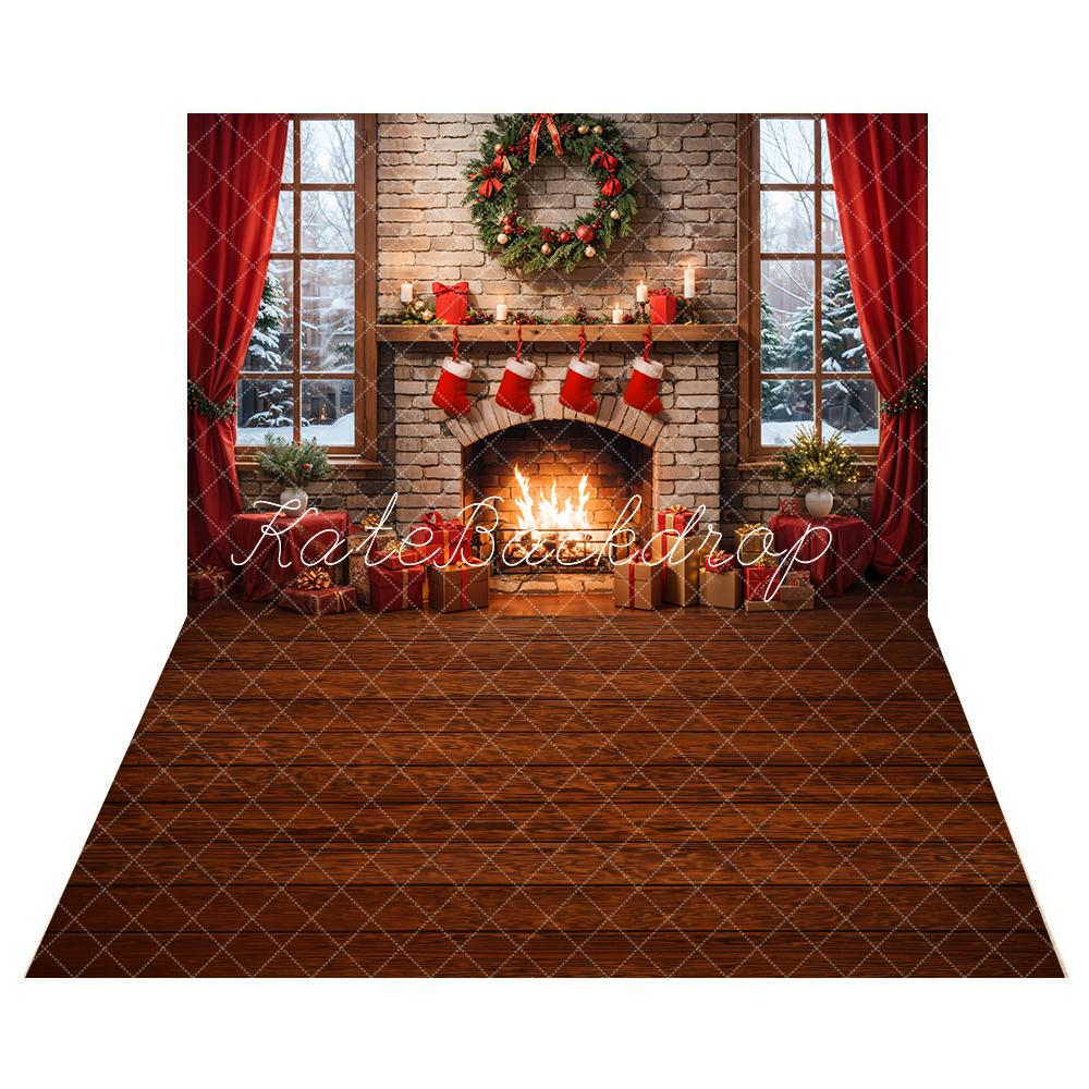 Kate Christmas Fireplace Windows Backdrop + Wooden Floor Backdrop Backdrop