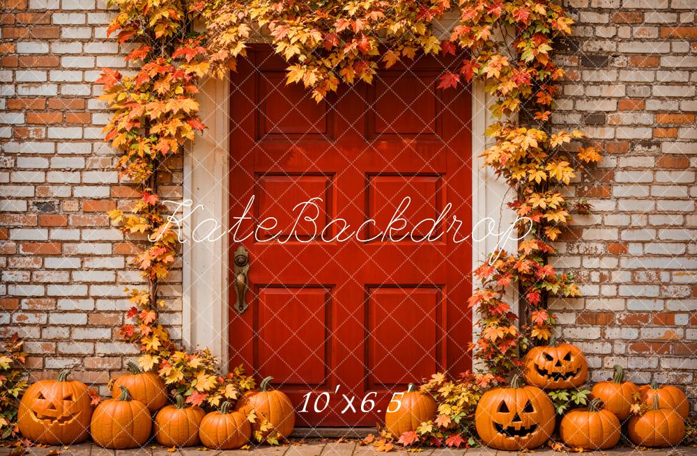 Kate Autumn Halloween Backdrop Maple Leaves Red Door Brick Wall Designed by Emetselch