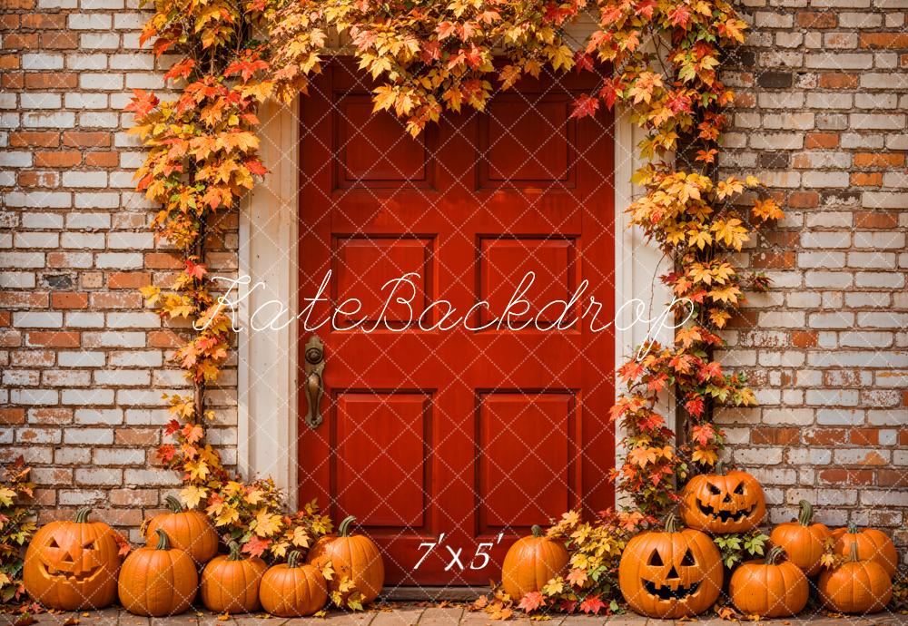 Kate Autumn Halloween Backdrop Maple Leaves Red Door Brick Wall Designed by Emetselch