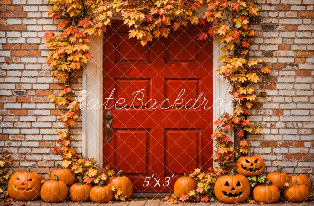 Kate Autumn Halloween Backdrop Maple Leaves Red Door Brick Wall Designed by Emetselch