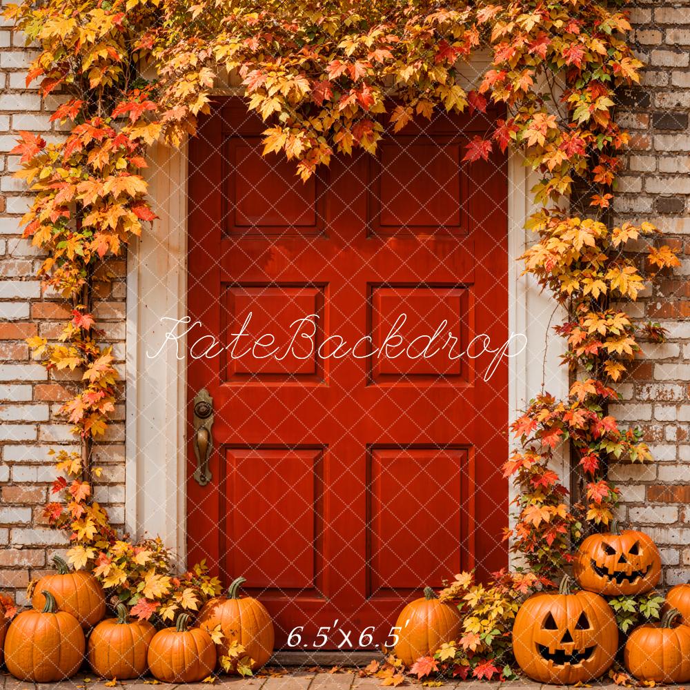 Kate Autumn Halloween Backdrop Maple Leaves Red Door Brick Wall Designed by Emetselch