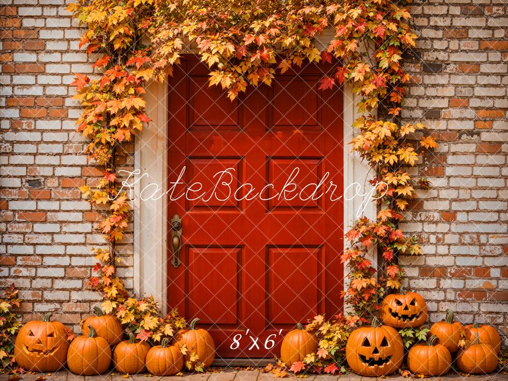 Kate Autumn Halloween Backdrop Maple Leaves Red Door Brick Wall Designed by Emetselch