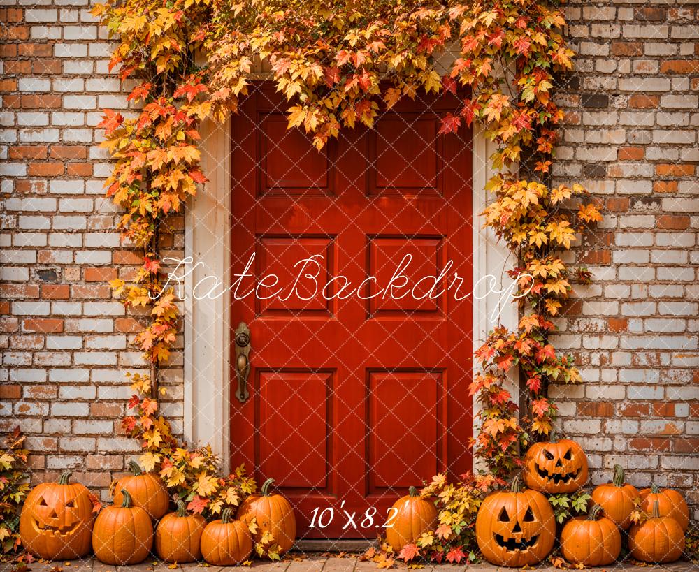 Kate Autumn Halloween Backdrop Maple Leaves Red Door Brick Wall Designed by Emetselch