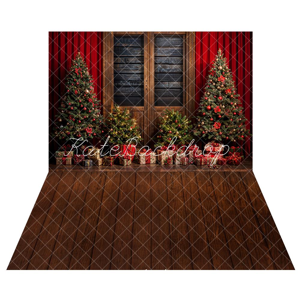 Kate Christmas Tree Red Wooden Backdrop+ Dark Brown Wooden Floor Backdrop