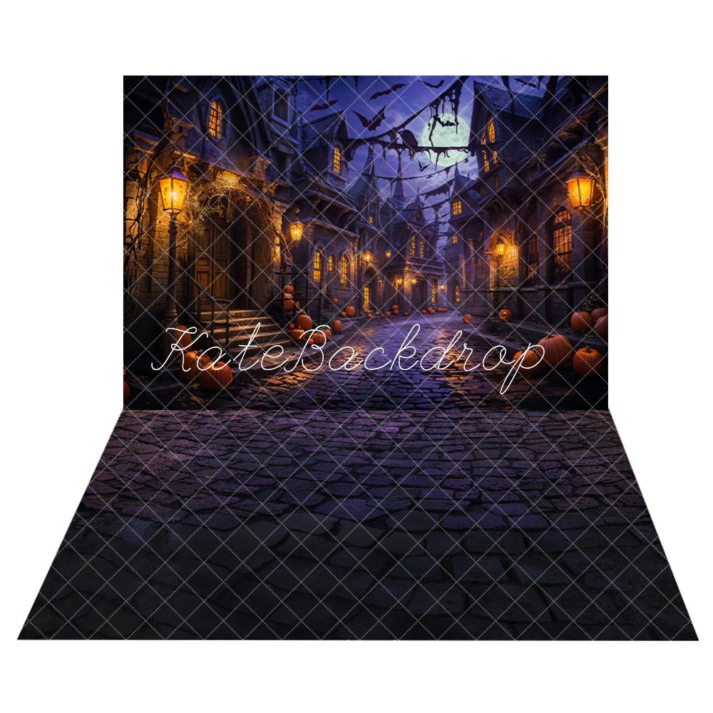 Kate Halloween Night Pumpkin Street Backdrop + Brick Road Floor Backdrop