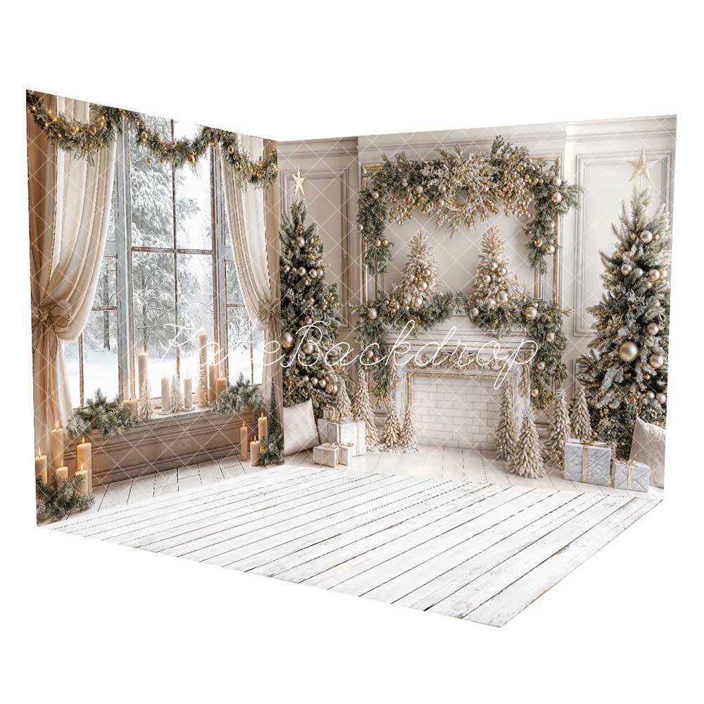 Kate Fireplace Decoration Winter Snow Scene Window Room Set(8ftx8ft&10ftx8ft&8ftx10ft)