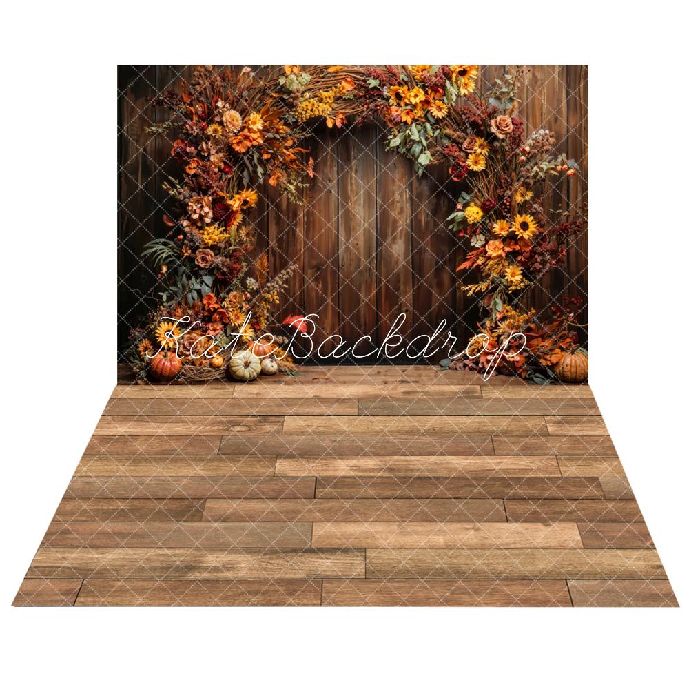 Kate Fall Pumpkin Arch Backdrop+ Brown Wooden Floor Backdrop