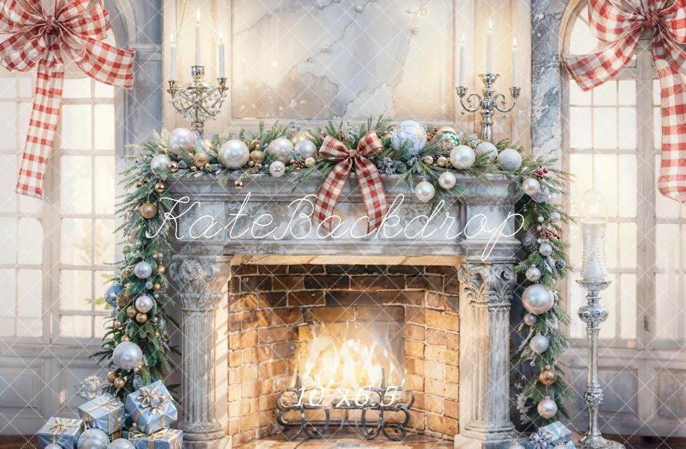 Kate Christmas Interior White Gray Broken Fireplace Backdrop Designed by Chain