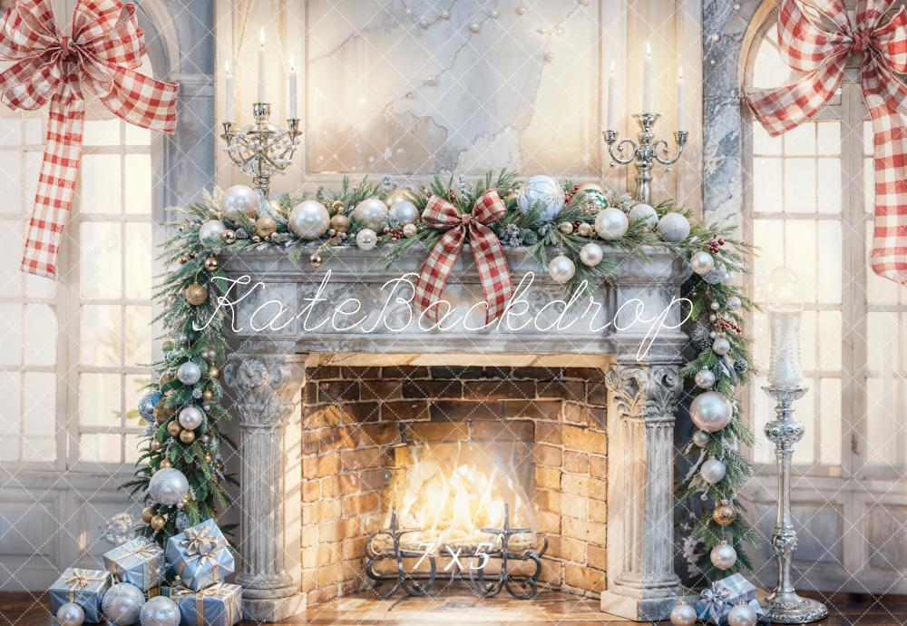 Kate Christmas Interior White Gray Broken Fireplace Backdrop Designed by Chain