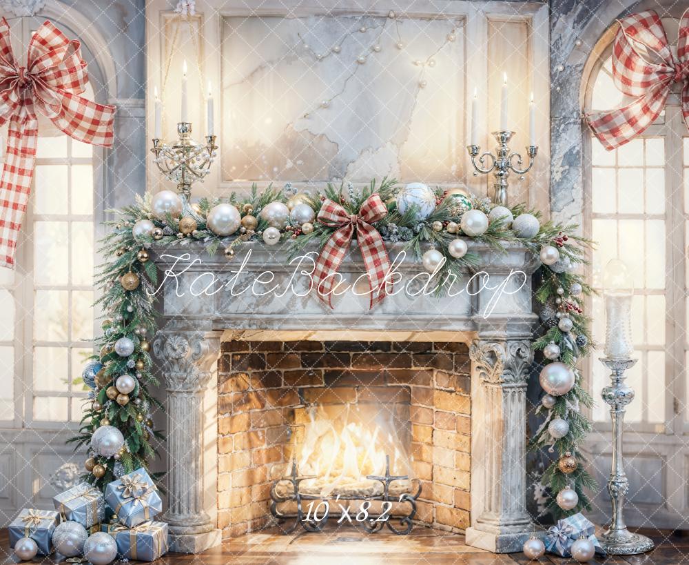 Kate Christmas Interior White Gray Broken Fireplace Backdrop Designed by Chain