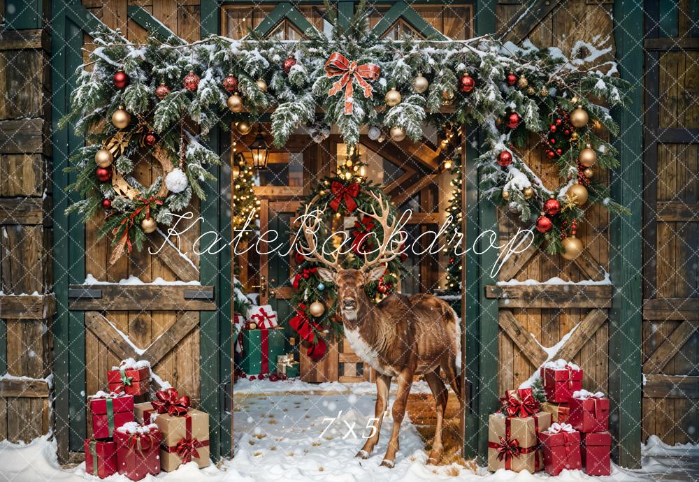 Kate Christmas Elk Wooden Barn Backdrop Designed by Emetselch