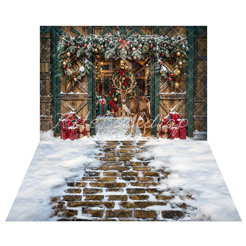 Kate Christmas Elk Wooden Barn Backdrop+ Winter Snow Brick Road Floor Backdrop