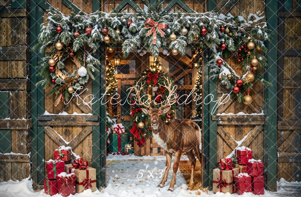 Kate Christmas Elk Wooden Barn Backdrop Designed by Emetselch