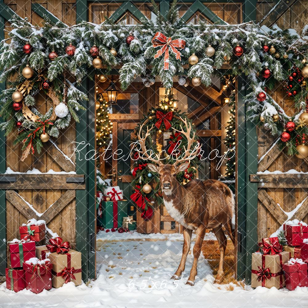 Kate Christmas Elk Wooden Barn Backdrop Designed by Emetselch