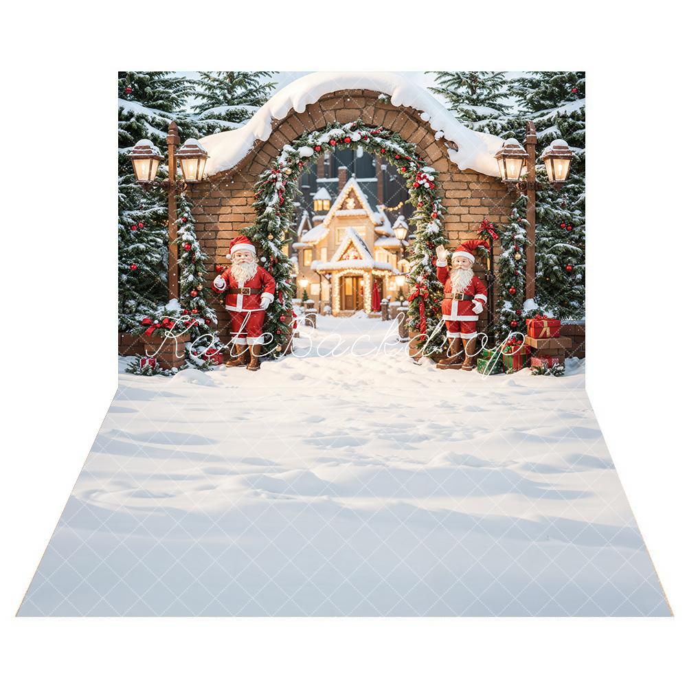 Kate Christmas Santa Arched Brick Gate Backdrop + White snow Floor Backdrop