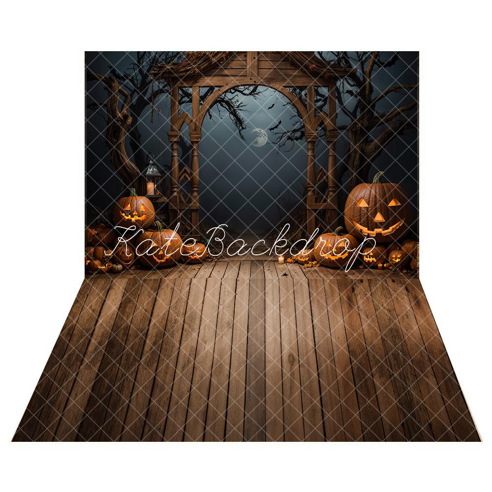 Kate Halloween Dark Pumpkin Arch Backdrop + Wooden Floor Backdrop