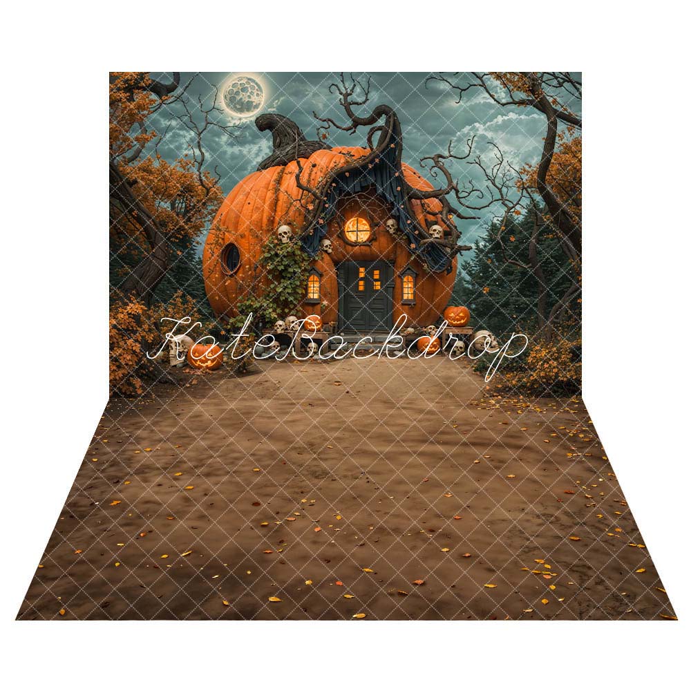 Kate Halloween Night Pumpkin House Backdrop+Muddy Road Floor Backdrop