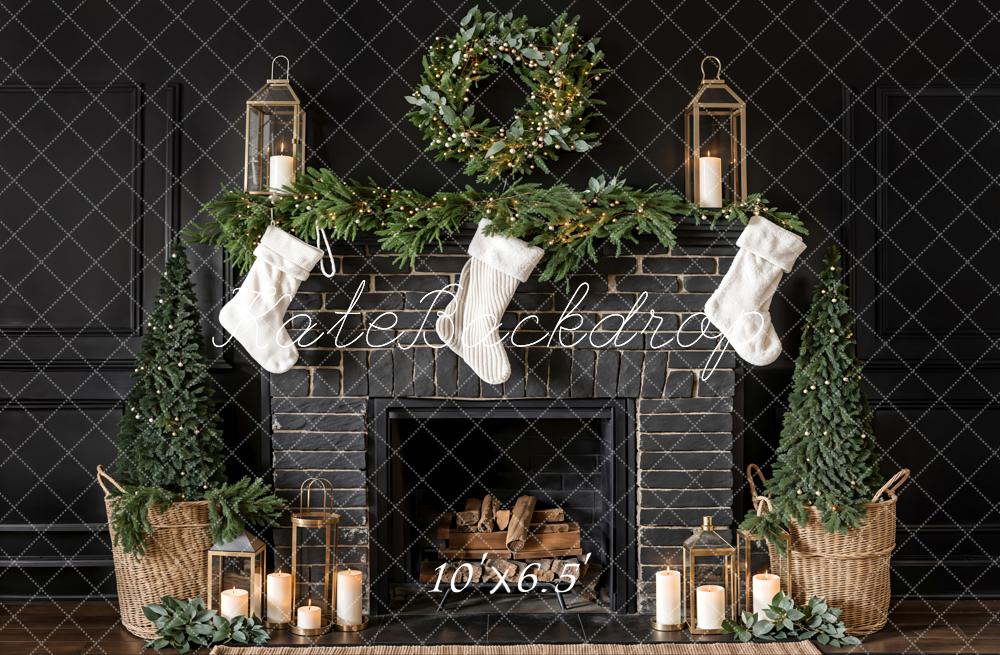 Kate Black Christmas Fireplace Backdrop White Sock Designed by Emetselch