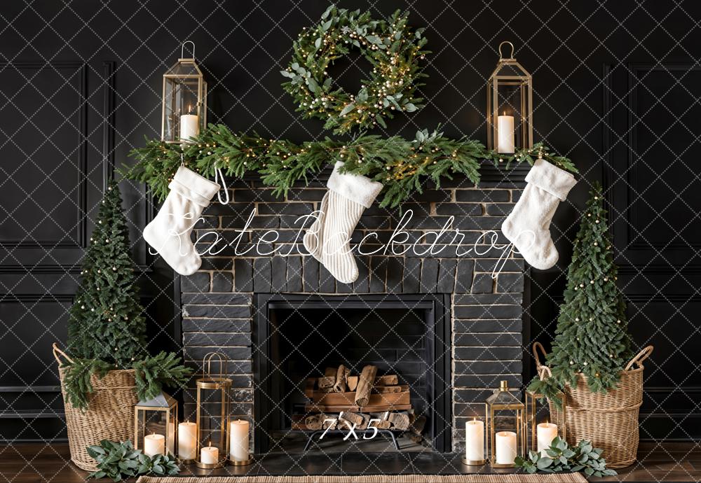 Kate Black Christmas Fireplace Backdrop White Sock Designed by Emetselch