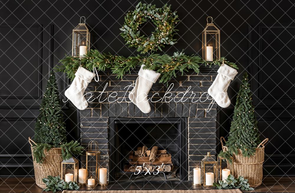 Kate Black Christmas Fireplace Backdrop White Sock Designed by Emetselch