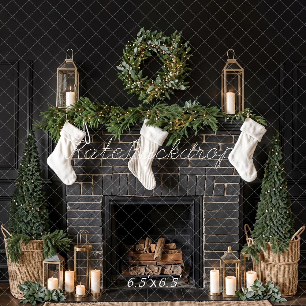 Kate Black Christmas Fireplace Backdrop White Sock Designed by Emetselch