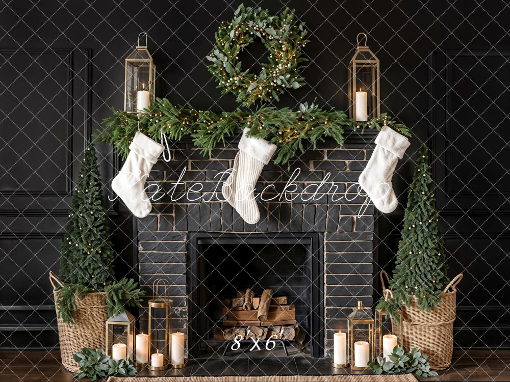 Kate Black Christmas Fireplace Backdrop White Sock Designed by Emetselch