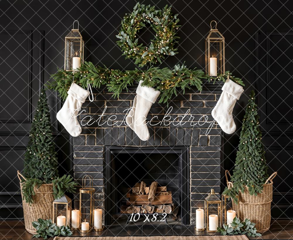 Kate Black Christmas Fireplace Backdrop White Sock Designed by Emetselch