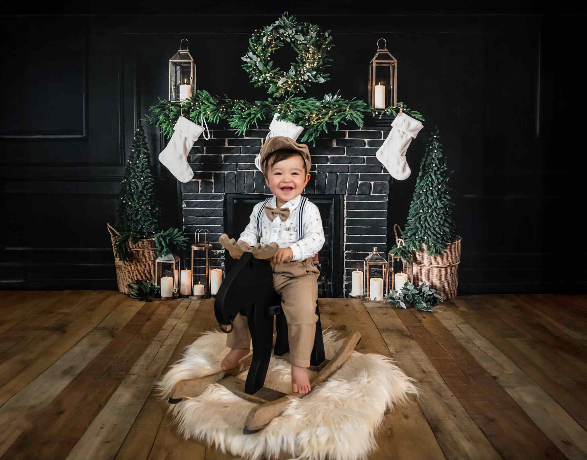 Kate Black Christmas Fireplace Backdrop White Sock Designed by Emetselch