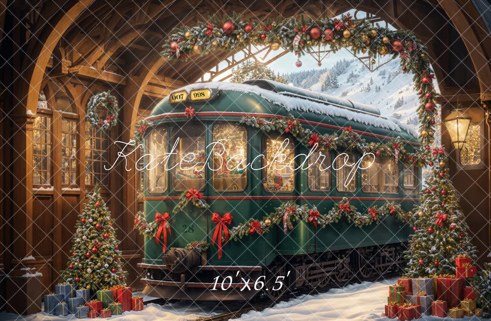 Kate Christmas Tree Snow Green Train Backdrop Designed by Emetselch