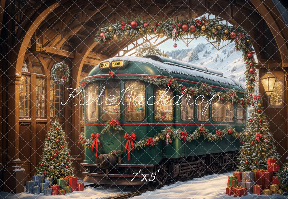 Kate Christmas Tree Snow Green Train Backdrop Designed by Emetselch