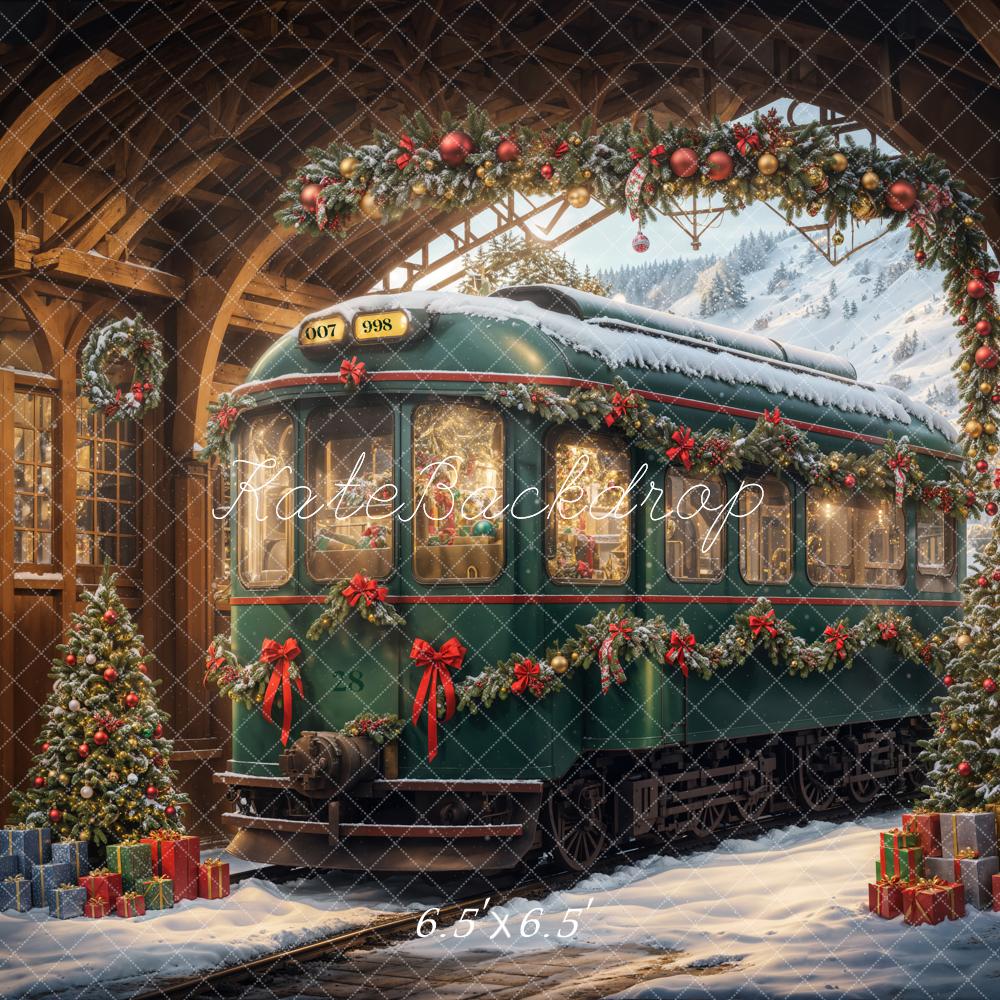 Kate Christmas Tree Snow Green Train Backdrop Designed by Emetselch