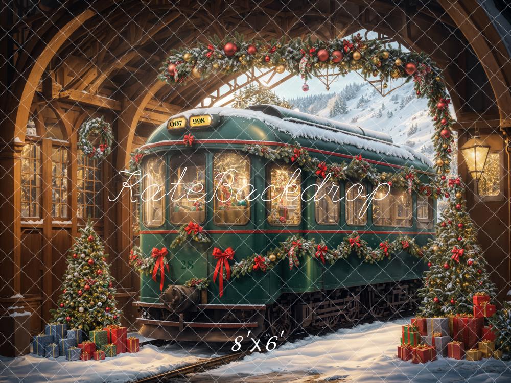 Kate Christmas Tree Snow Green Train Backdrop Designed by Emetselch