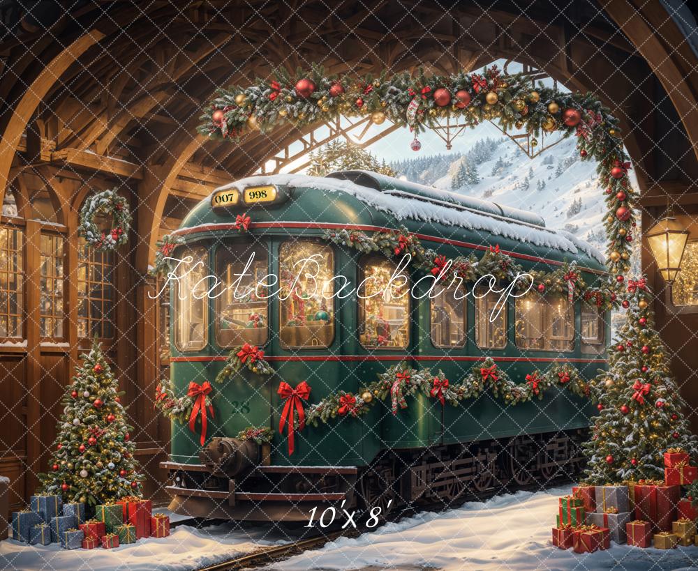 Kate Christmas Tree Snow Green Train Backdrop Designed by Emetselch