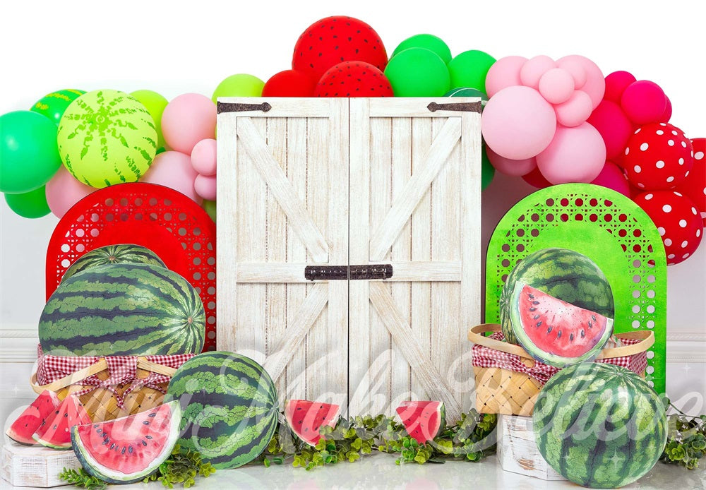 Kate Watermelon White Barn Door Backdrop Designed by Mini MakeBelieve