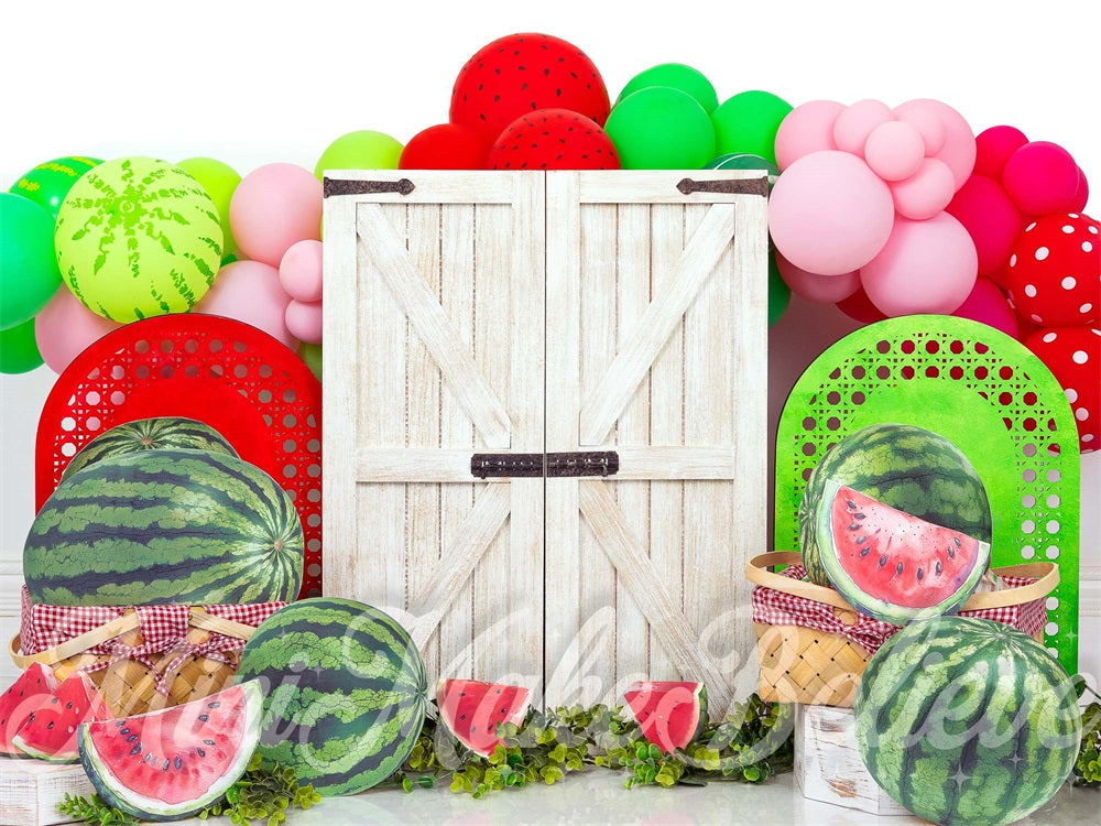 Kate Watermelon White Barn Door Backdrop Designed by Mini MakeBelieve