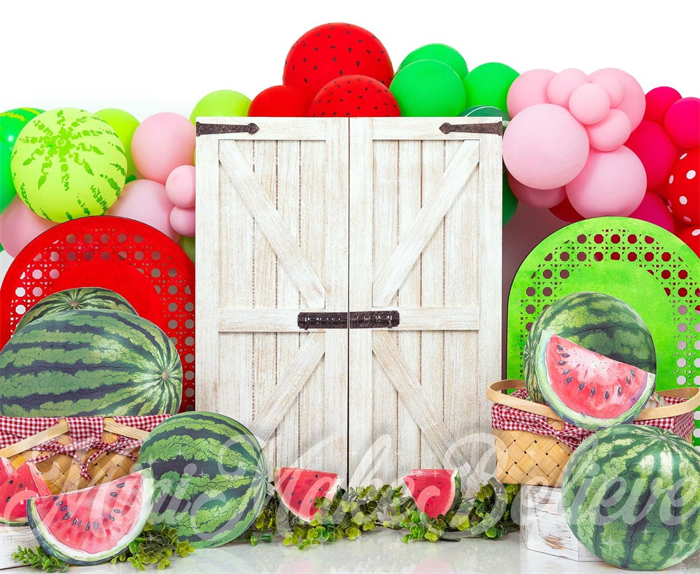 Kate Watermelon White Barn Door Backdrop Designed by Mini MakeBelieve