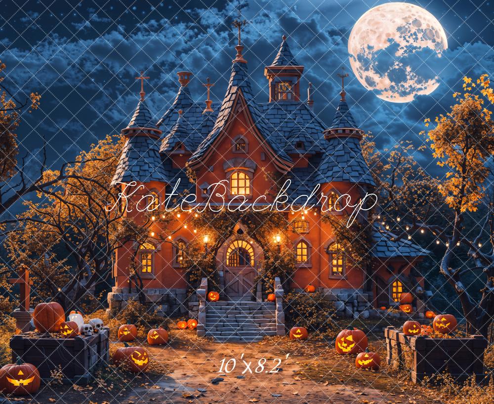 Kate Halloween Moon Night Pumpkin Castle Backdrop Designed by Chain Photography