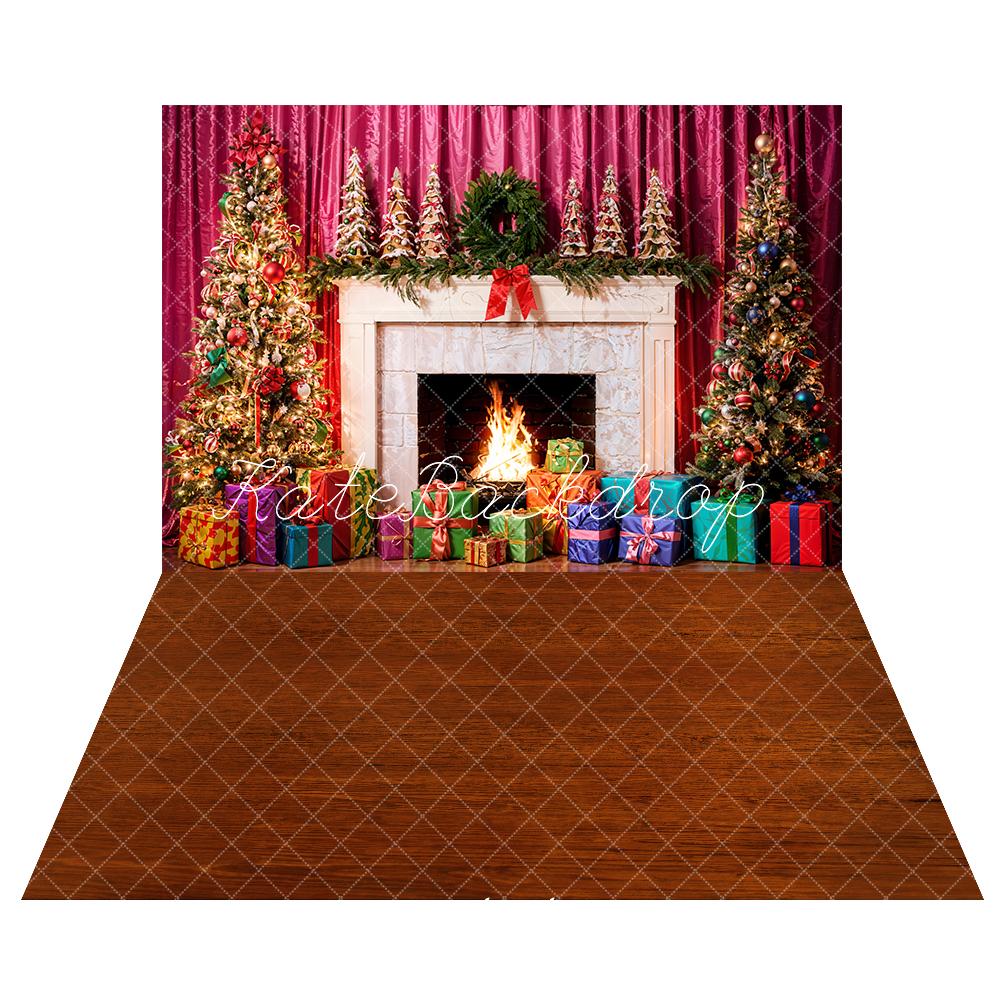 Kate Christmas Pink Curtains Fireplace Gift Backdrop+Wooden Floor Backdrop