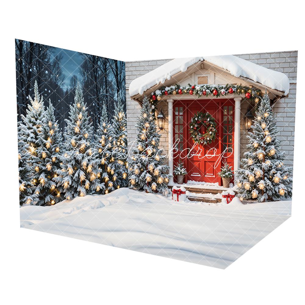 Kate Christmas Snow Forest Red Door Brick House Room Set(8ftx8ft&10ftx8ft&8ftx10ft)