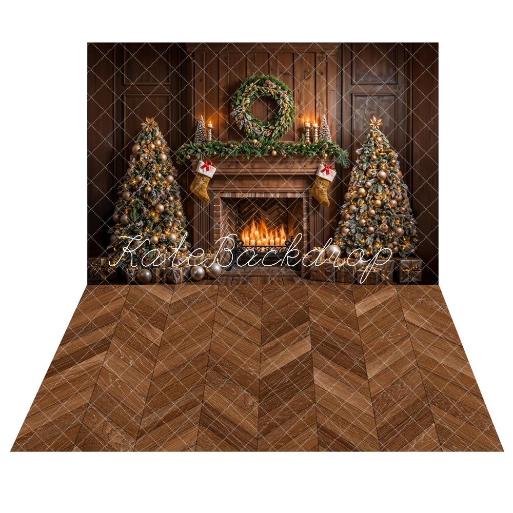 Kate Christmas Brown Fireplace Vintage Wall Backdrop+Brown Herringbone Wooden Floor Backdrop