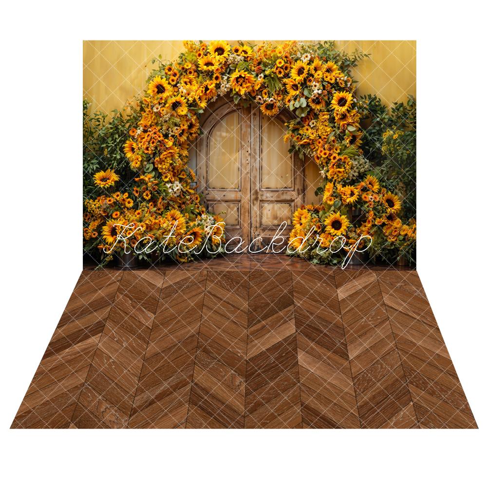 Kate Sunflower Arch Wooden Door Backdrop+Herringbone Wooden Floor Backdrop