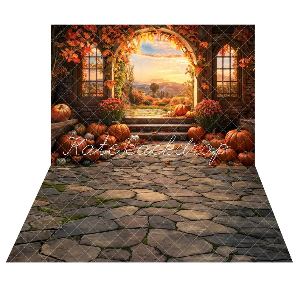 Kate Fall Sunset Pumpkin Arch Backdrop+ Stone Floor Backdrop