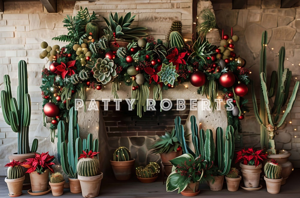 Kate Christmas Backdrop Wild West Green Cactus Brick Fireplace Designed by Patty Robert