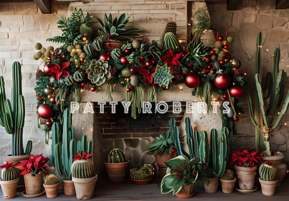 Kate Christmas Backdrop Wild West Green Cactus Brick Fireplace Designed by Patty Robert